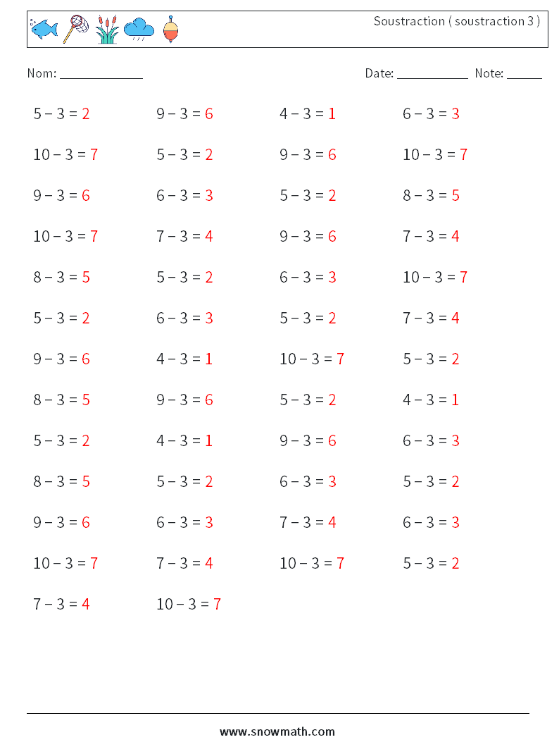 (50) Soustraction ( soustraction 3 ) Fiches d'Exercices de Mathématiques 5 Question, Réponse