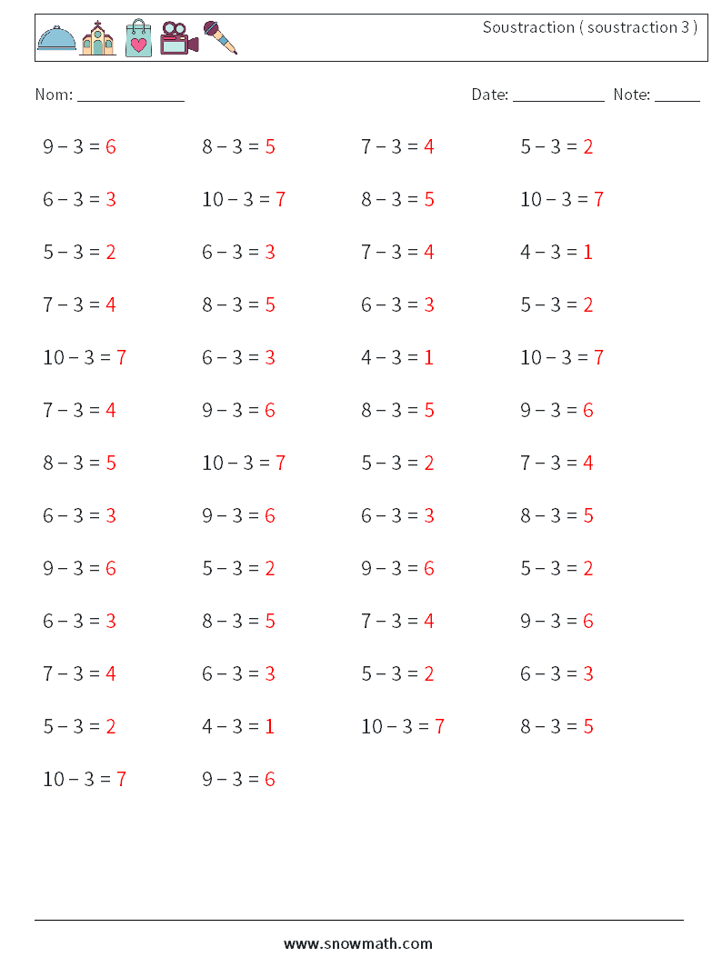 (50) Soustraction ( soustraction 3 ) Fiches d'Exercices de Mathématiques 6 Question, Réponse