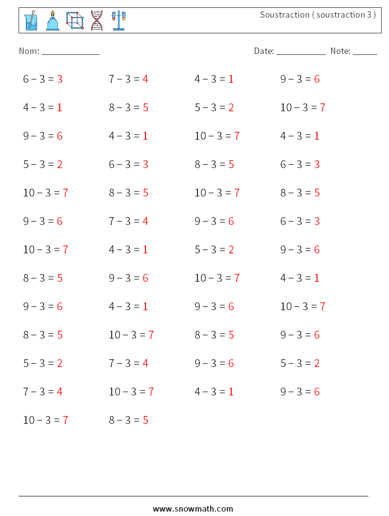 (50) Soustraction ( soustraction 3 ) Fiches d'Exercices de Mathématiques 7 Question, Réponse