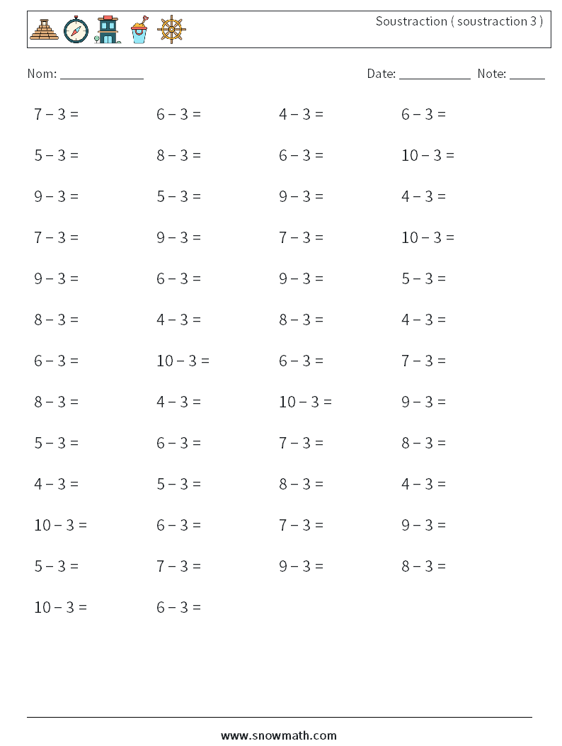 (50) Soustraction ( soustraction 3 ) Fiches d'Exercices de Mathématiques 8