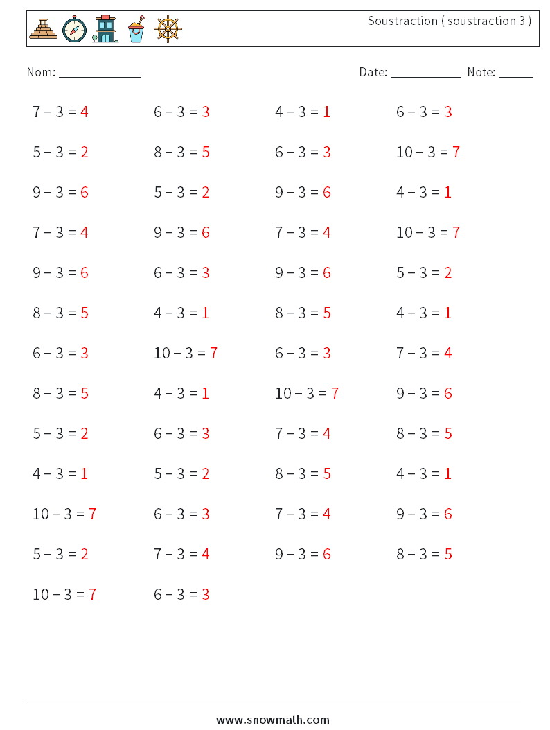 (50) Soustraction ( soustraction 3 ) Fiches d'Exercices de Mathématiques 8 Question, Réponse