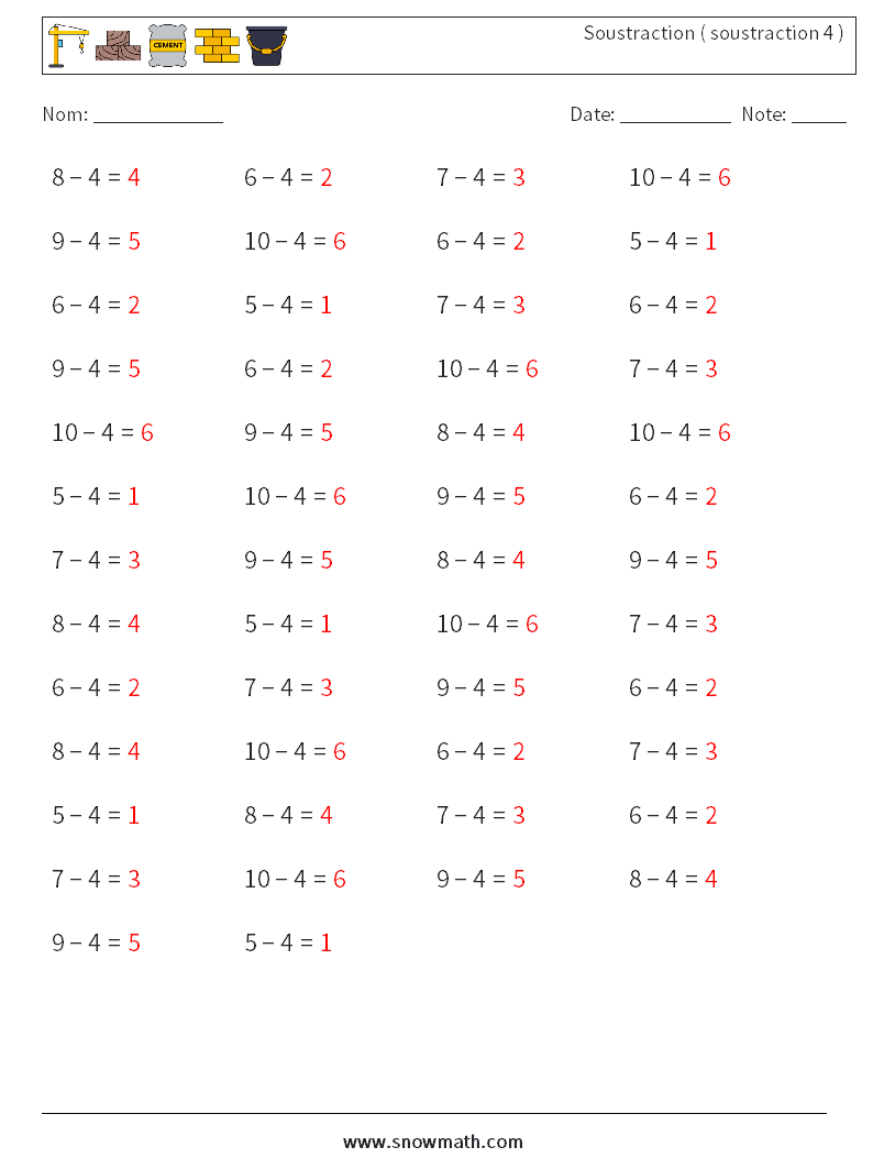(50) Soustraction ( soustraction 4 ) Fiches d'Exercices de Mathématiques 2 Question, Réponse