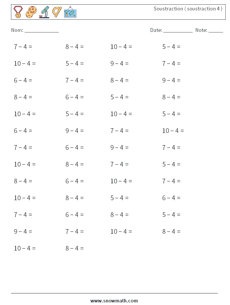 (50) Soustraction ( soustraction 4 ) Fiches d'Exercices de Mathématiques 3