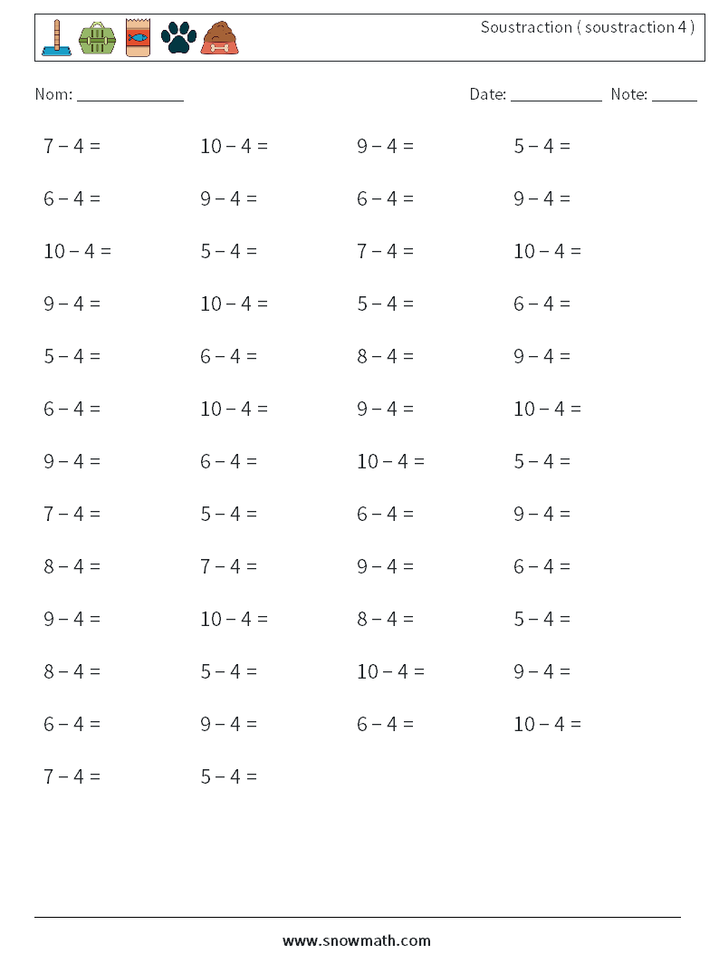 (50) Soustraction ( soustraction 4 ) Fiches d'Exercices de Mathématiques 4