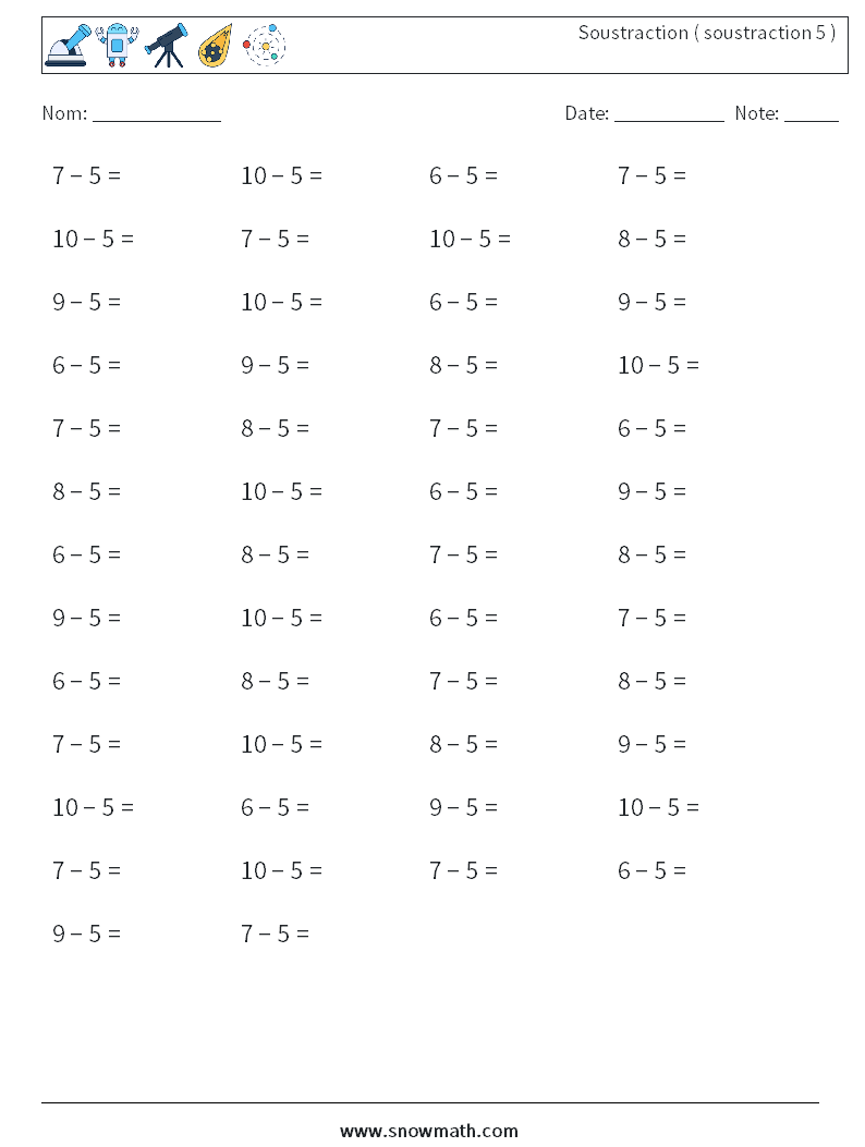 (50) Soustraction ( soustraction 5 ) Fiches d'Exercices de Mathématiques 1