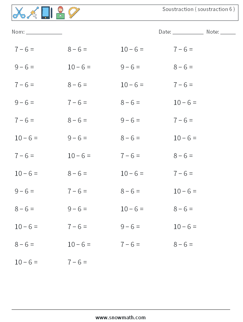 (50) Soustraction ( soustraction 6 ) Fiches d'Exercices de Mathématiques 1