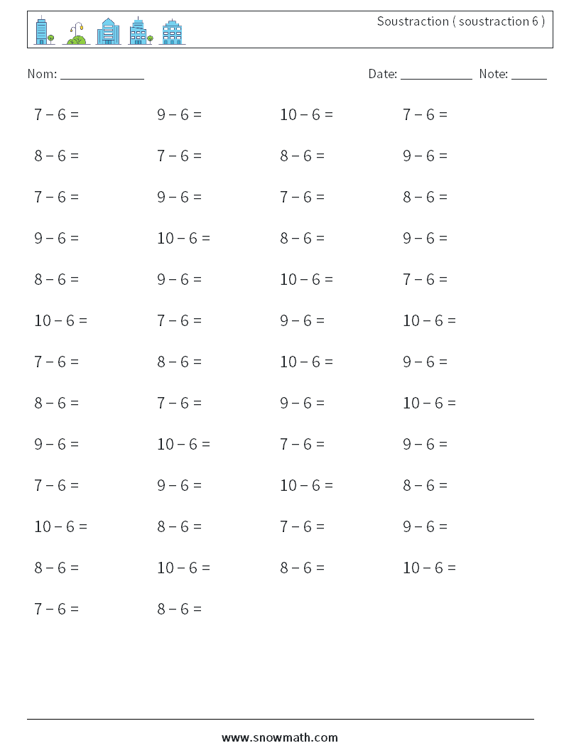 (50) Soustraction ( soustraction 6 ) Fiches d'Exercices de Mathématiques 4