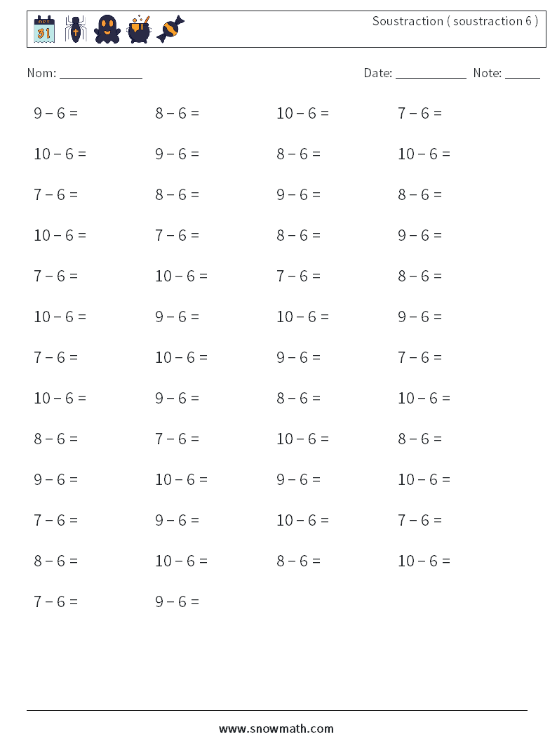 (50) Soustraction ( soustraction 6 ) Fiches d'Exercices de Mathématiques 9