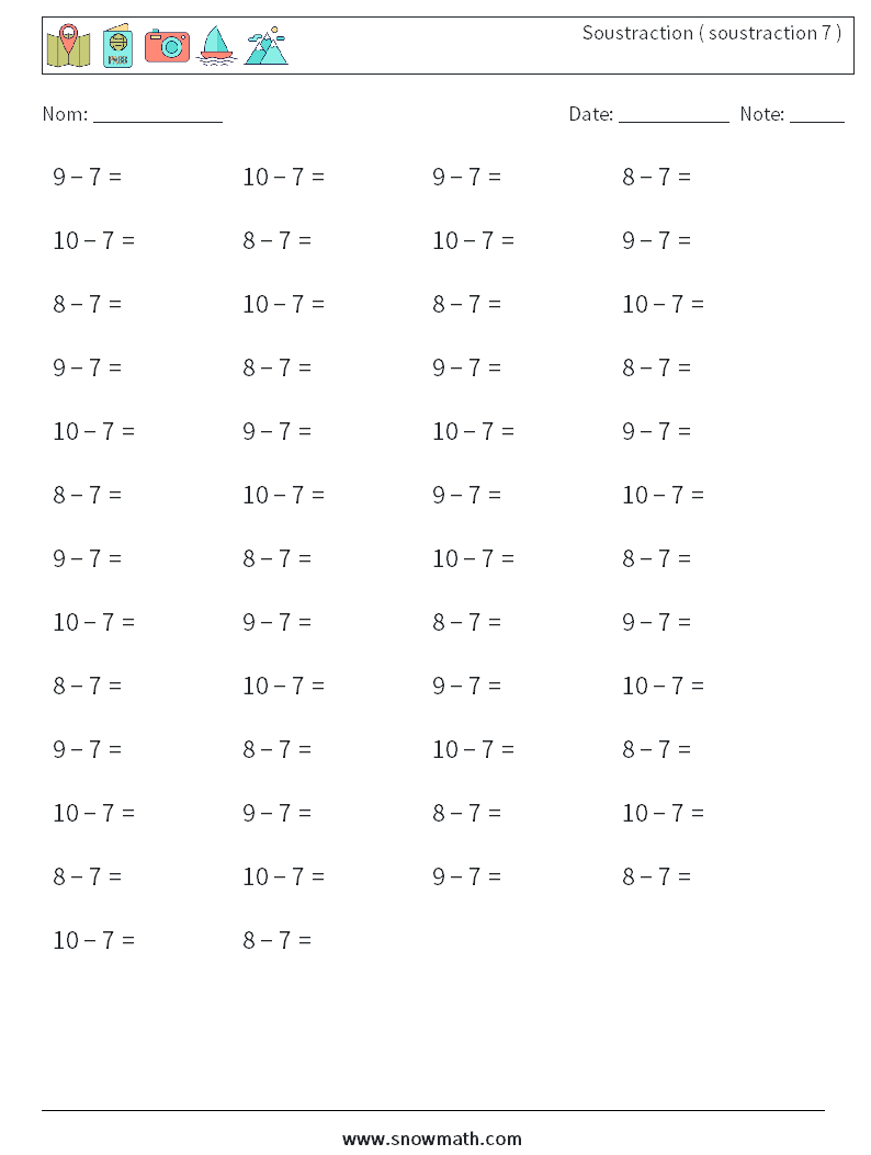 (50) Soustraction ( soustraction 7 ) Fiches d'Exercices de Mathématiques 2