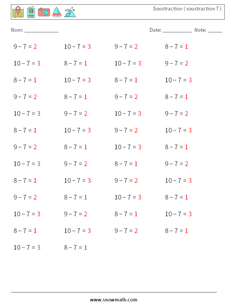 (50) Soustraction ( soustraction 7 ) Fiches d'Exercices de Mathématiques 2 Question, Réponse