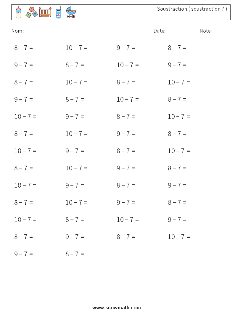 (50) Soustraction ( soustraction 7 ) Fiches d'Exercices de Mathématiques 4