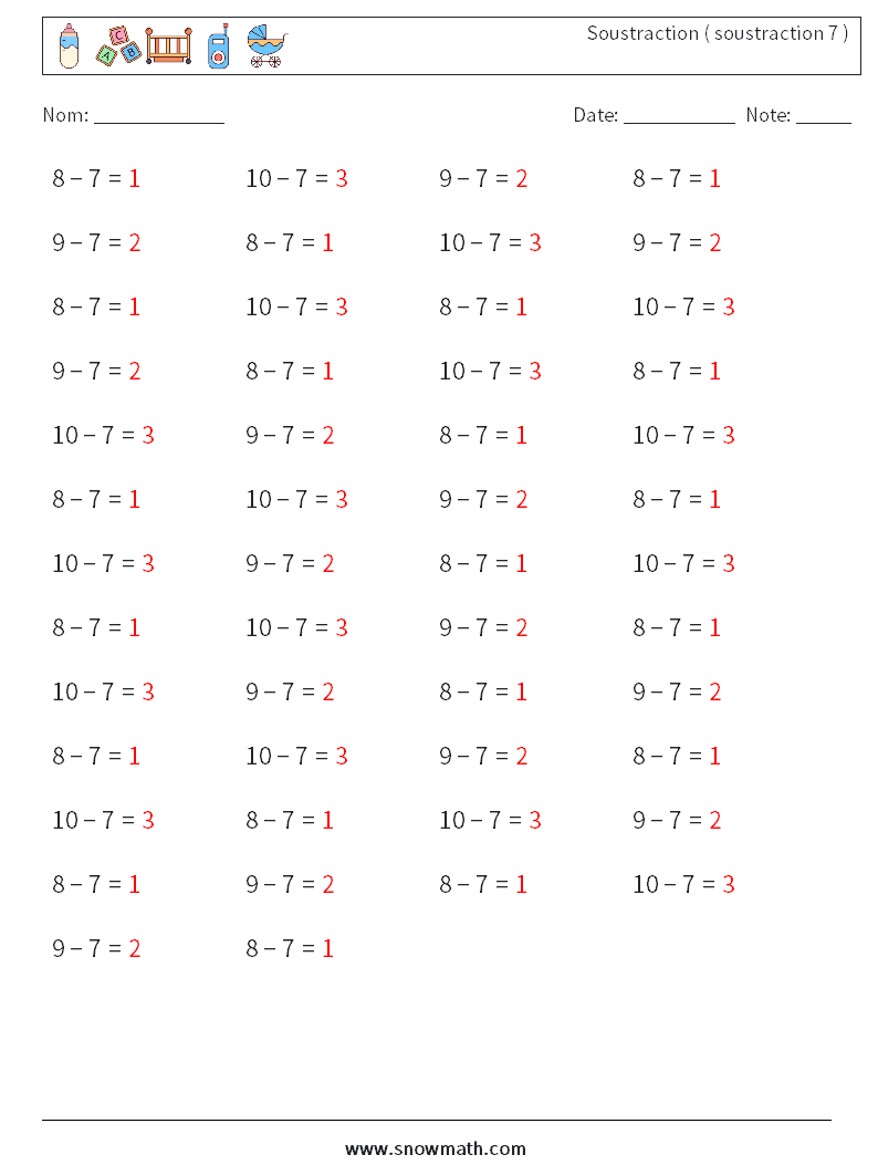 (50) Soustraction ( soustraction 7 ) Fiches d'Exercices de Mathématiques 4 Question, Réponse