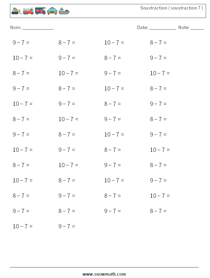 (50) Soustraction ( soustraction 7 ) Fiches d'Exercices de Mathématiques 5