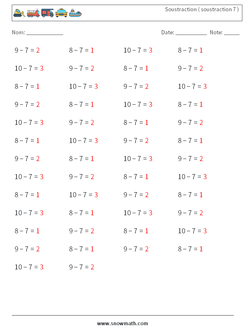 (50) Soustraction ( soustraction 7 ) Fiches d'Exercices de Mathématiques 5 Question, Réponse