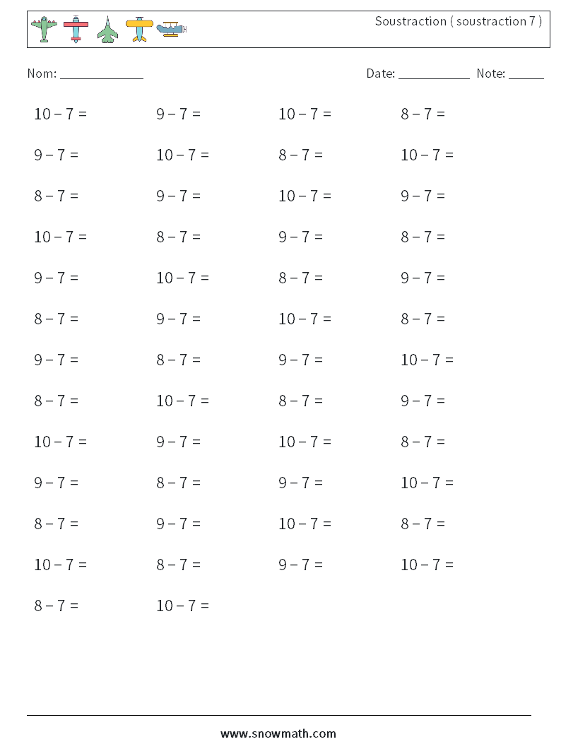 (50) Soustraction ( soustraction 7 ) Fiches d'Exercices de Mathématiques 6