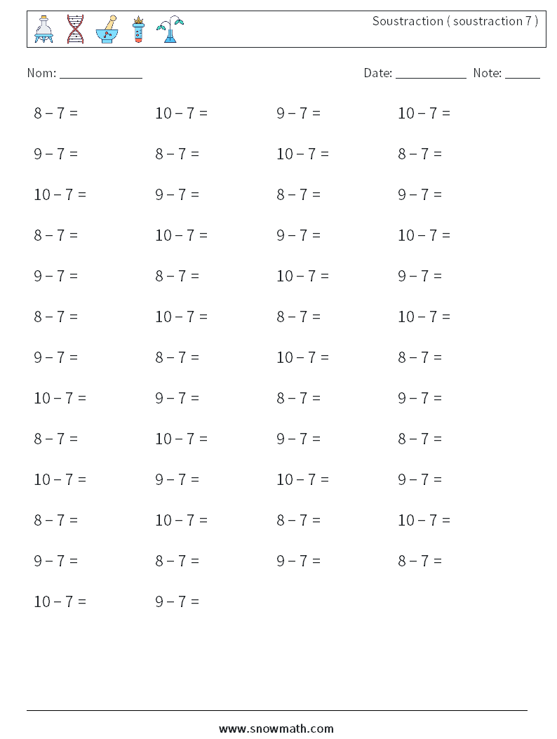 (50) Soustraction ( soustraction 7 ) Fiches d'Exercices de Mathématiques 7