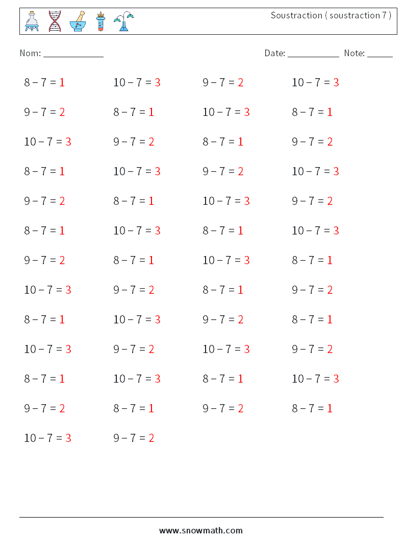 (50) Soustraction ( soustraction 7 ) Fiches d'Exercices de Mathématiques 7 Question, Réponse
