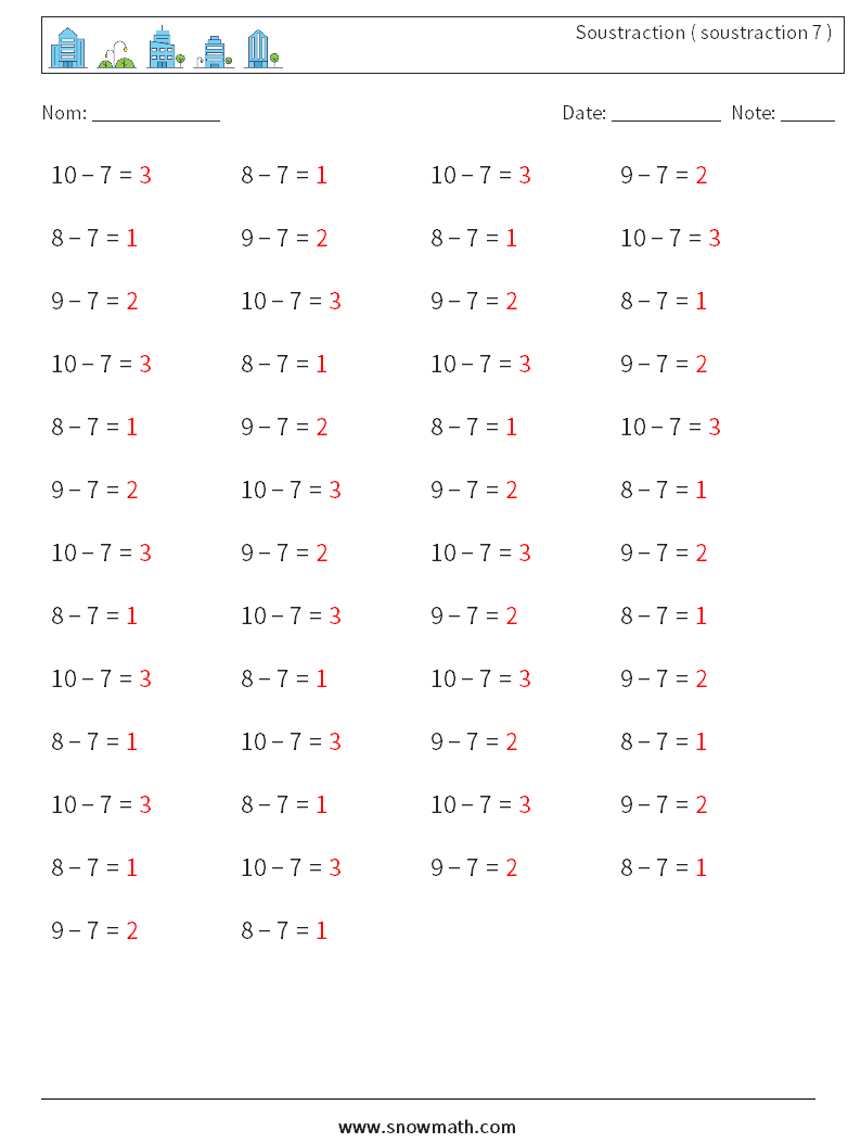 (50) Soustraction ( soustraction 7 ) Fiches d'Exercices de Mathématiques 8 Question, Réponse
