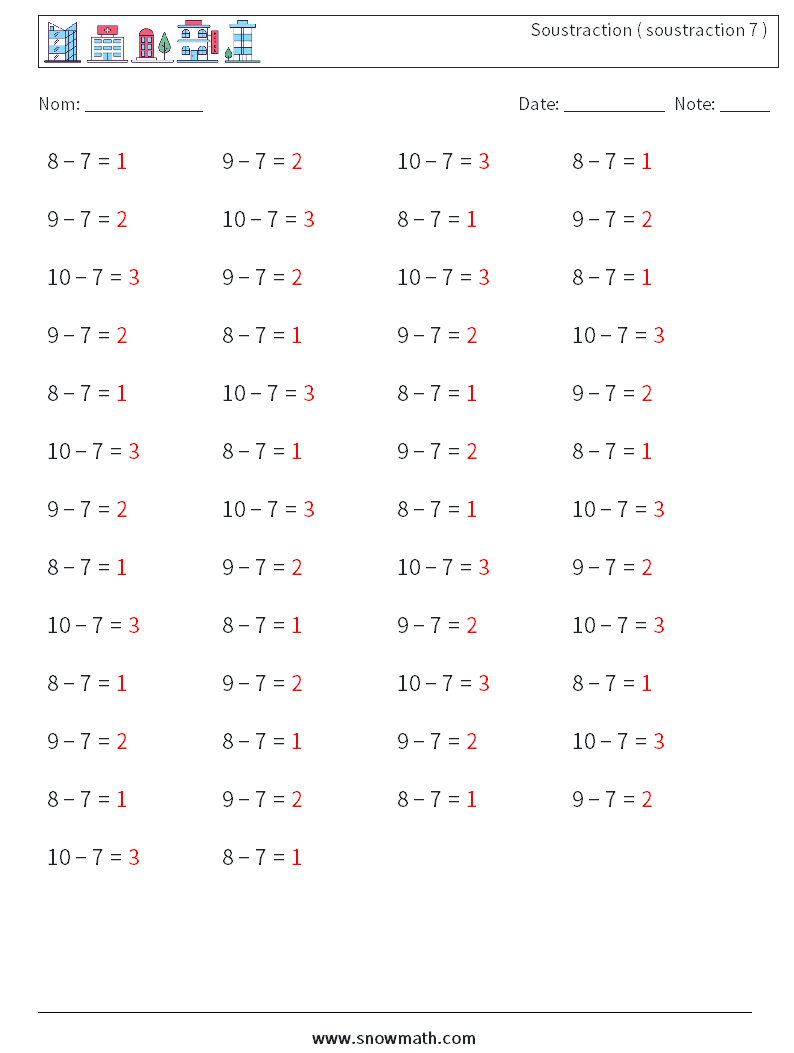 (50) Soustraction ( soustraction 7 ) Fiches d'Exercices de Mathématiques 9 Question, Réponse