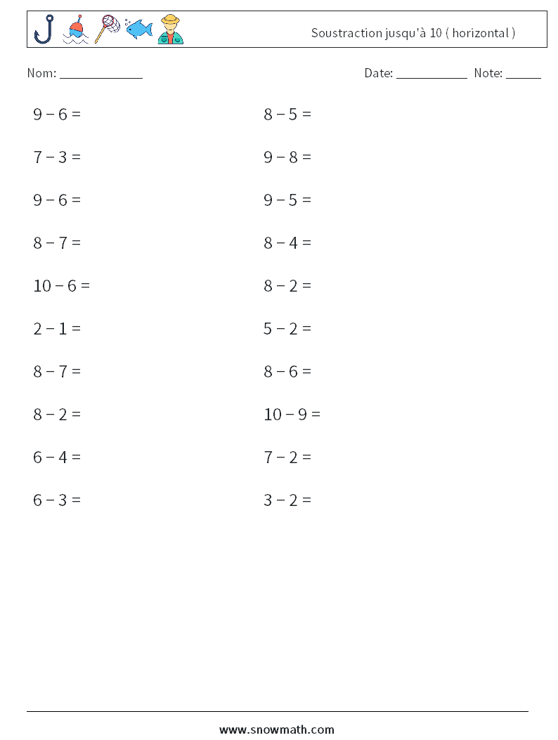 (20) Soustraction jusqu'à 10 ( horizontal ) Fiches d'Exercices de Mathématiques 1