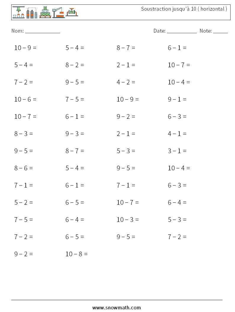 (50) Soustraction jusqu'à 10 ( horizontal ) Fiches d'Exercices de Mathématiques 1