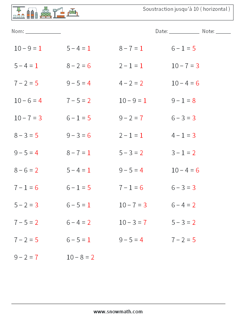 (50) Soustraction jusqu'à 10 ( horizontal ) Fiches d'Exercices de Mathématiques 1 Question, Réponse