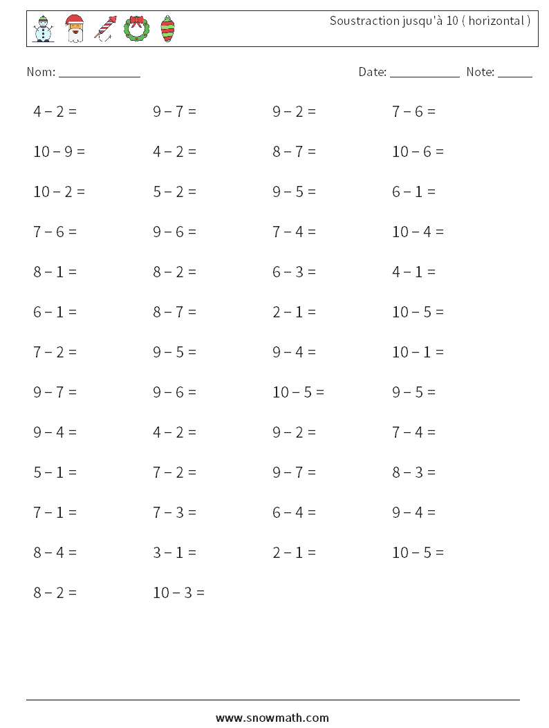 (50) Soustraction jusqu'à 10 ( horizontal ) Fiches d'Exercices de Mathématiques 2