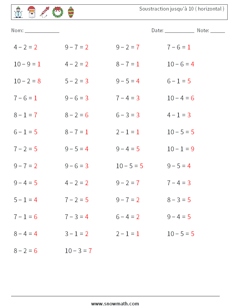(50) Soustraction jusqu'à 10 ( horizontal ) Fiches d'Exercices de Mathématiques 2 Question, Réponse
