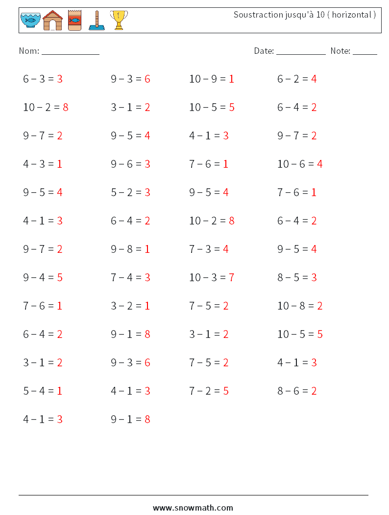 (50) Soustraction jusqu'à 10 ( horizontal ) Fiches d'Exercices de Mathématiques 3 Question, Réponse