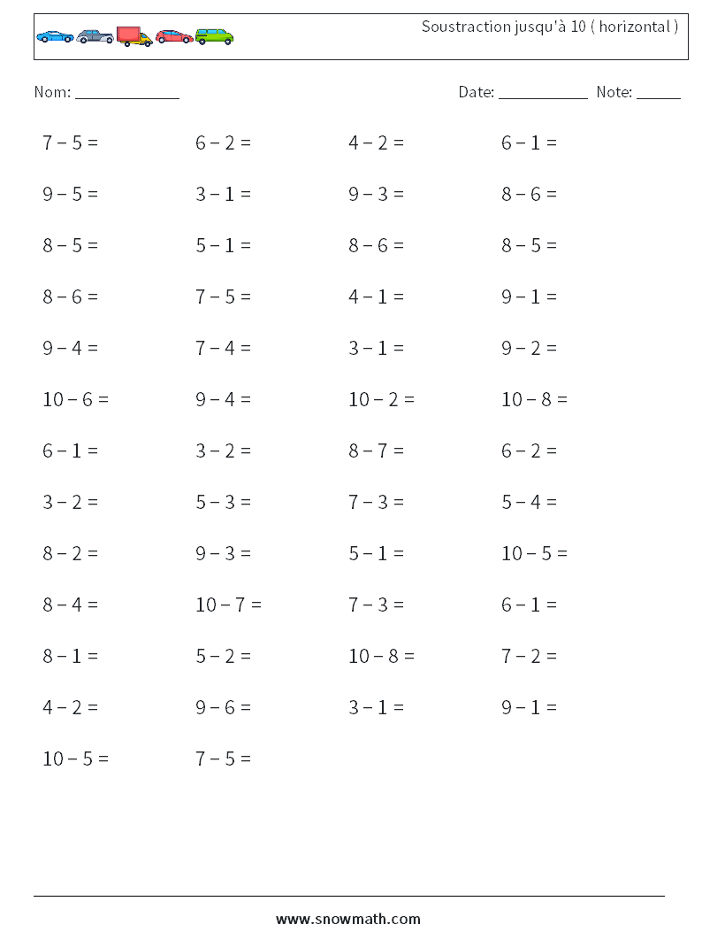 (50) Soustraction jusqu'à 10 ( horizontal ) Fiches d'Exercices de Mathématiques 4
