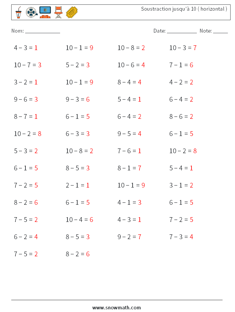 (50) Soustraction jusqu'à 10 ( horizontal ) Fiches d'Exercices de Mathématiques 5 Question, Réponse