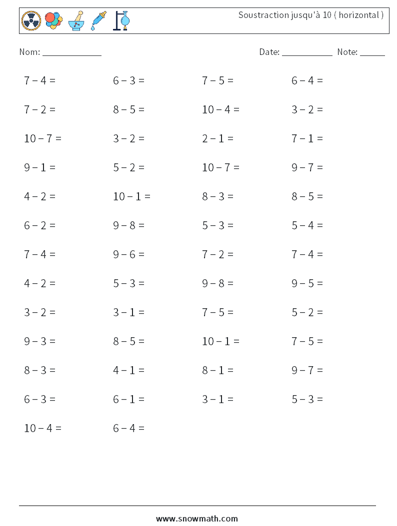 (50) Soustraction jusqu'à 10 ( horizontal ) Fiches d'Exercices de Mathématiques 6