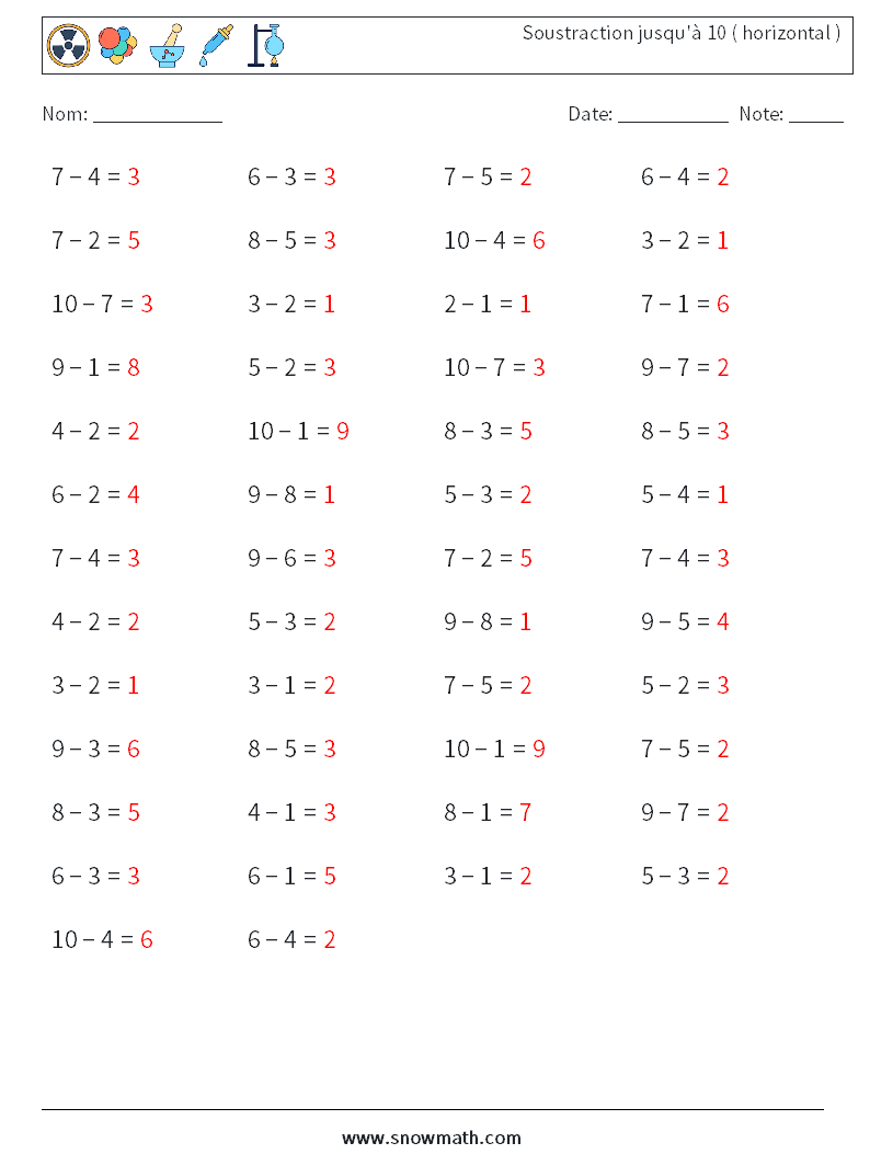 (50) Soustraction jusqu'à 10 ( horizontal ) Fiches d'Exercices de Mathématiques 6 Question, Réponse