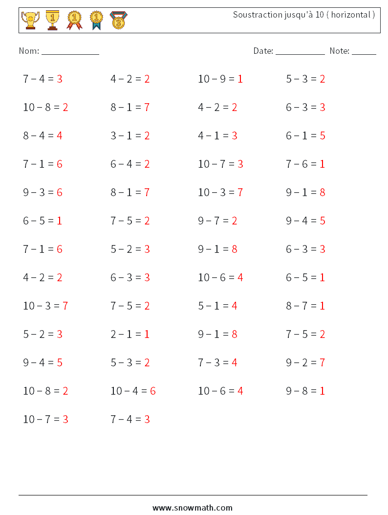 (50) Soustraction jusqu'à 10 ( horizontal ) Fiches d'Exercices de Mathématiques 7 Question, Réponse