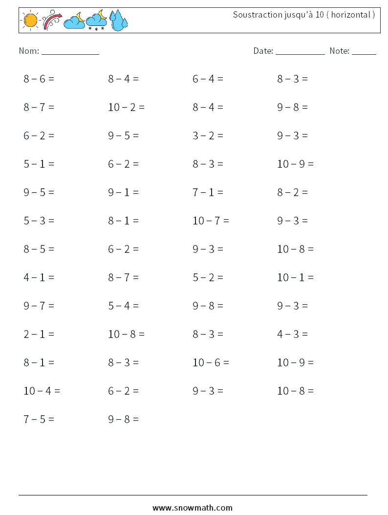 (50) Soustraction jusqu'à 10 ( horizontal ) Fiches d'Exercices de Mathématiques 8