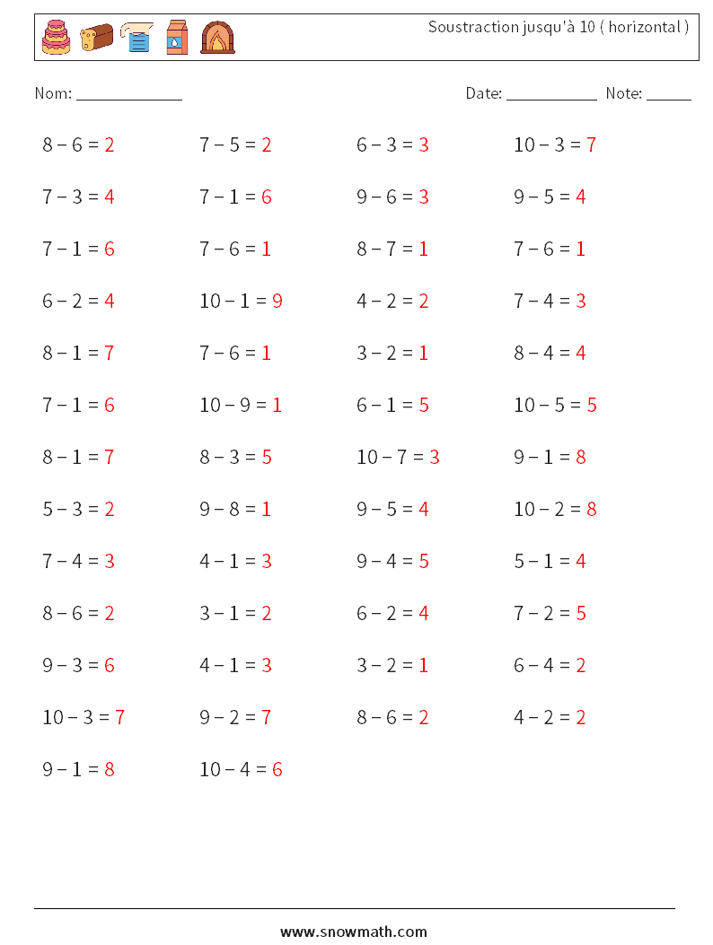 (50) Soustraction jusqu'à 10 ( horizontal ) Fiches d'Exercices de Mathématiques 9 Question, Réponse