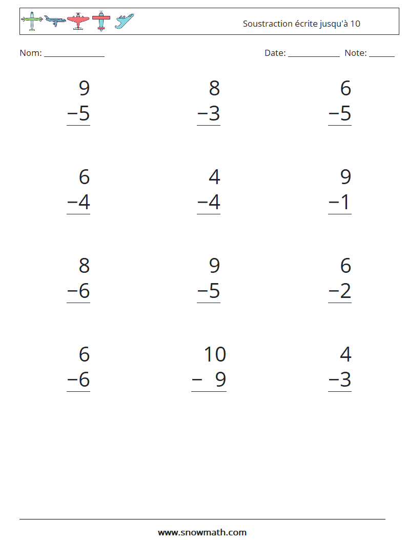 (12) Soustraction écrite jusqu'à 10