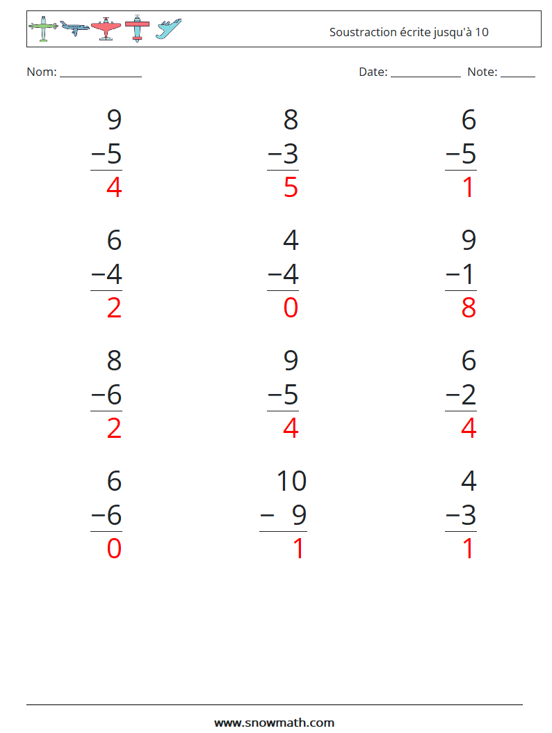 (12) Soustraction écrite jusqu'à 10 Fiches d'Exercices de Mathématiques 1 Question, Réponse