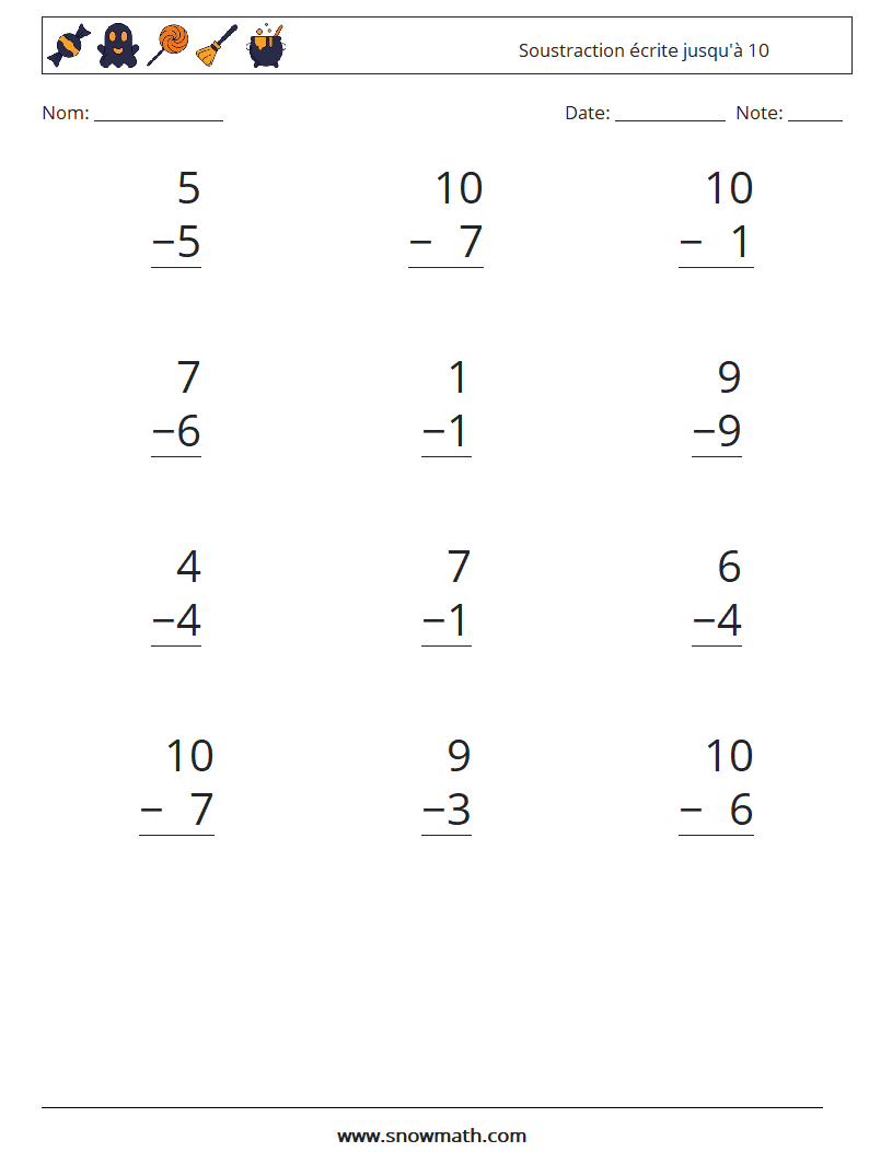 (12) Soustraction écrite jusqu'à 10 Fiches d'Exercices de Mathématiques 5