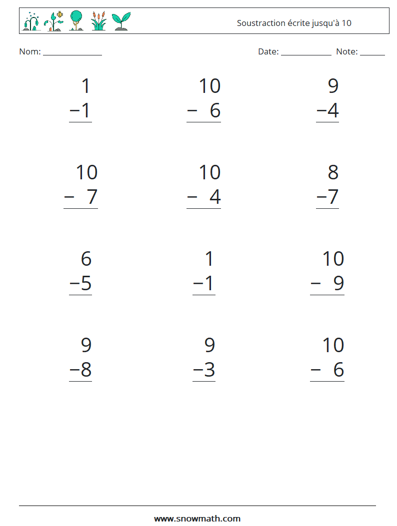 (12) Soustraction écrite jusqu'à 10 Fiches d'Exercices de Mathématiques 6