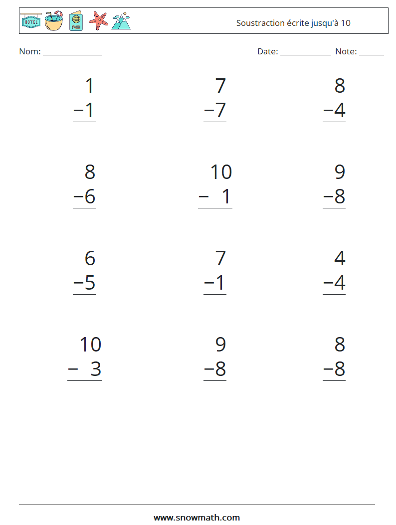 (12) Soustraction écrite jusqu'à 10 Fiches d'Exercices de Mathématiques 7