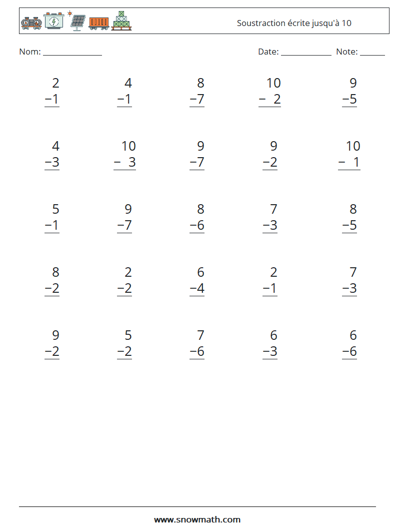 (25) Soustraction écrite jusqu'à 10 Fiches d'Exercices de Mathématiques 1