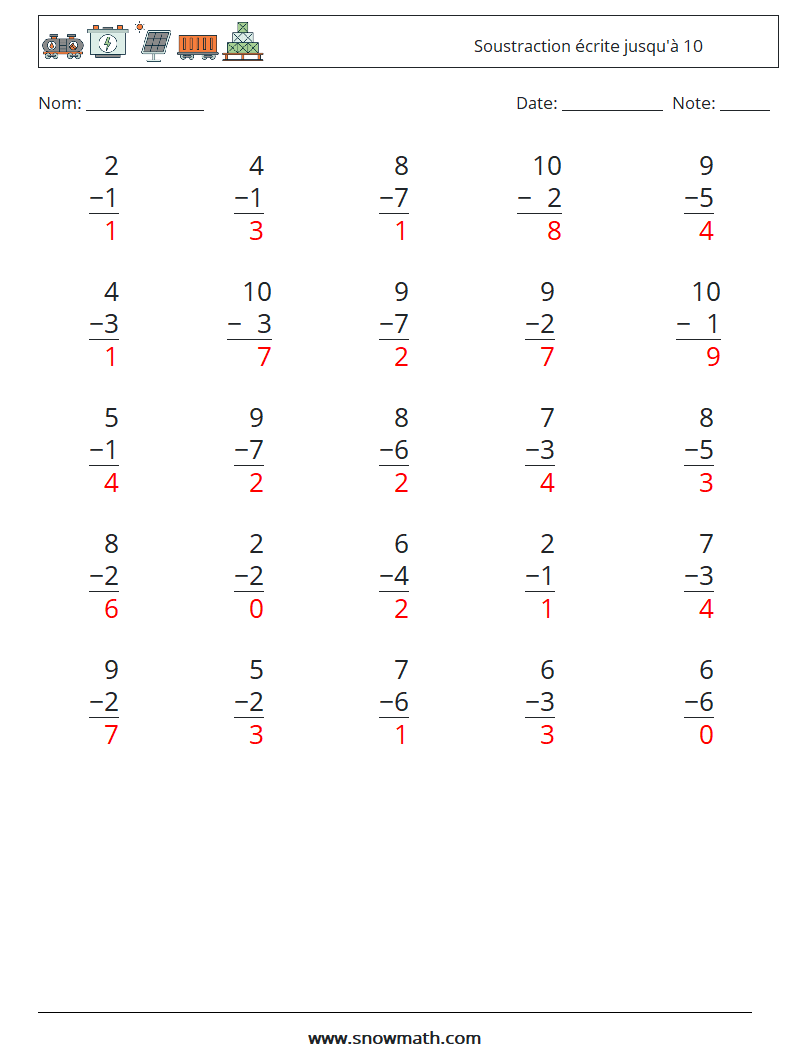 (25) Soustraction écrite jusqu'à 10 Fiches d'Exercices de Mathématiques 1 Question, Réponse