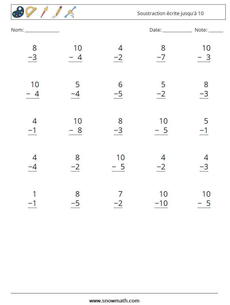 (25) Soustraction écrite jusqu'à 10 Fiches d'Exercices de Mathématiques 2