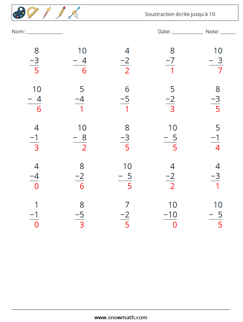 (25) Soustraction écrite jusqu'à 10 Fiches d'Exercices de Mathématiques 2 Question, Réponse