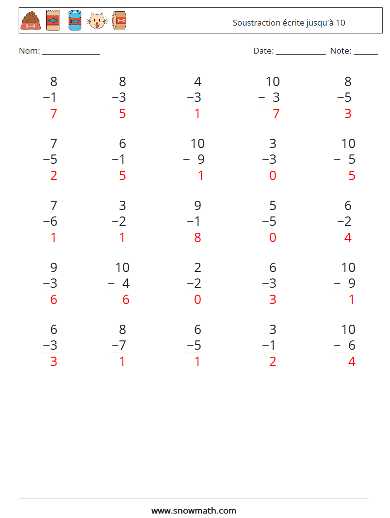 (25) Soustraction écrite jusqu'à 10 Fiches d'Exercices de Mathématiques 3 Question, Réponse