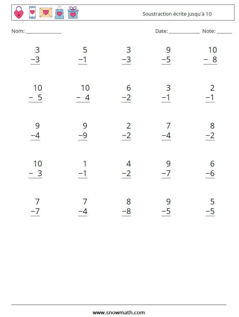 (25) Soustraction écrite jusqu'à 10 Fiches d'Exercices de Mathématiques 4