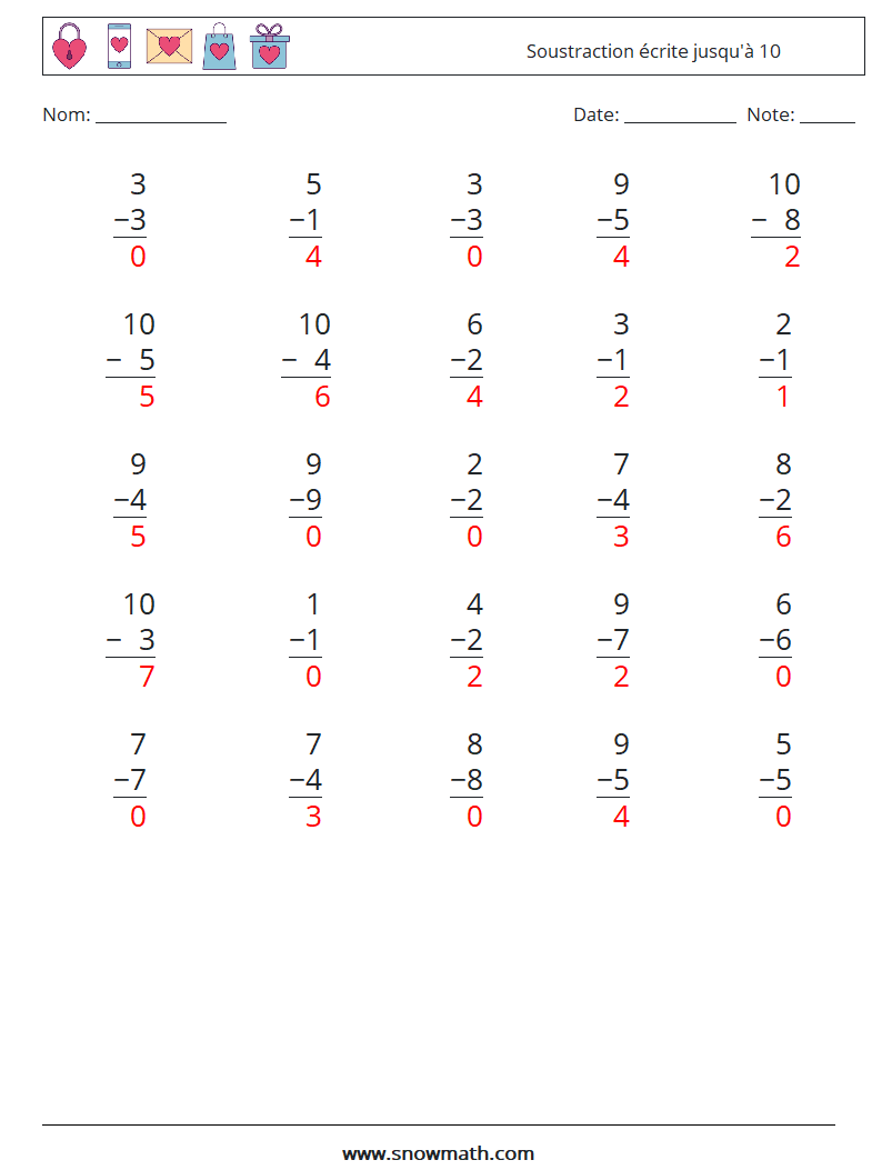 (25) Soustraction écrite jusqu'à 10 Fiches d'Exercices de Mathématiques 4 Question, Réponse