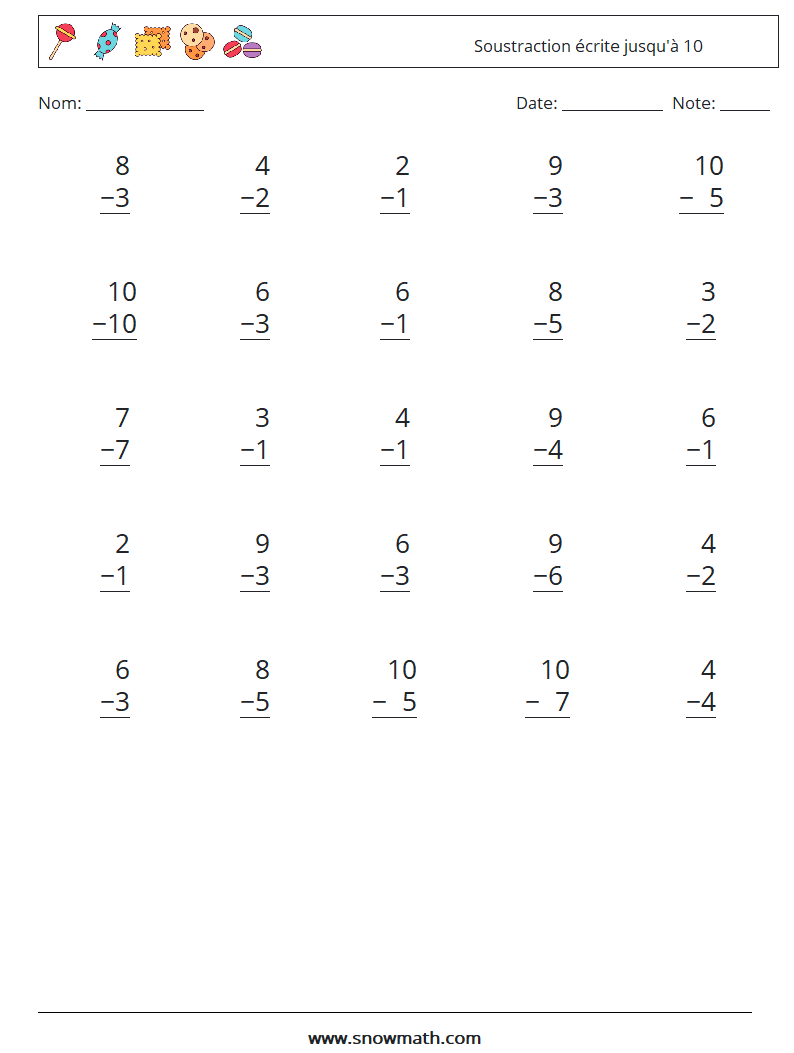 (25) Soustraction écrite jusqu'à 10 Fiches d'Exercices de Mathématiques 5