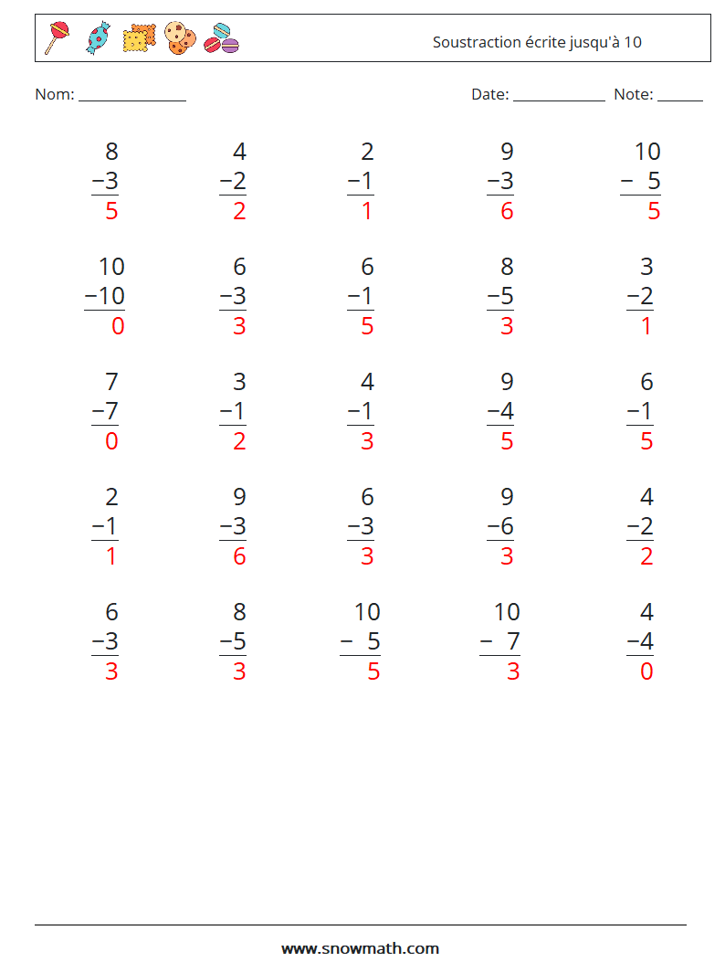 (25) Soustraction écrite jusqu'à 10 Fiches d'Exercices de Mathématiques 5 Question, Réponse